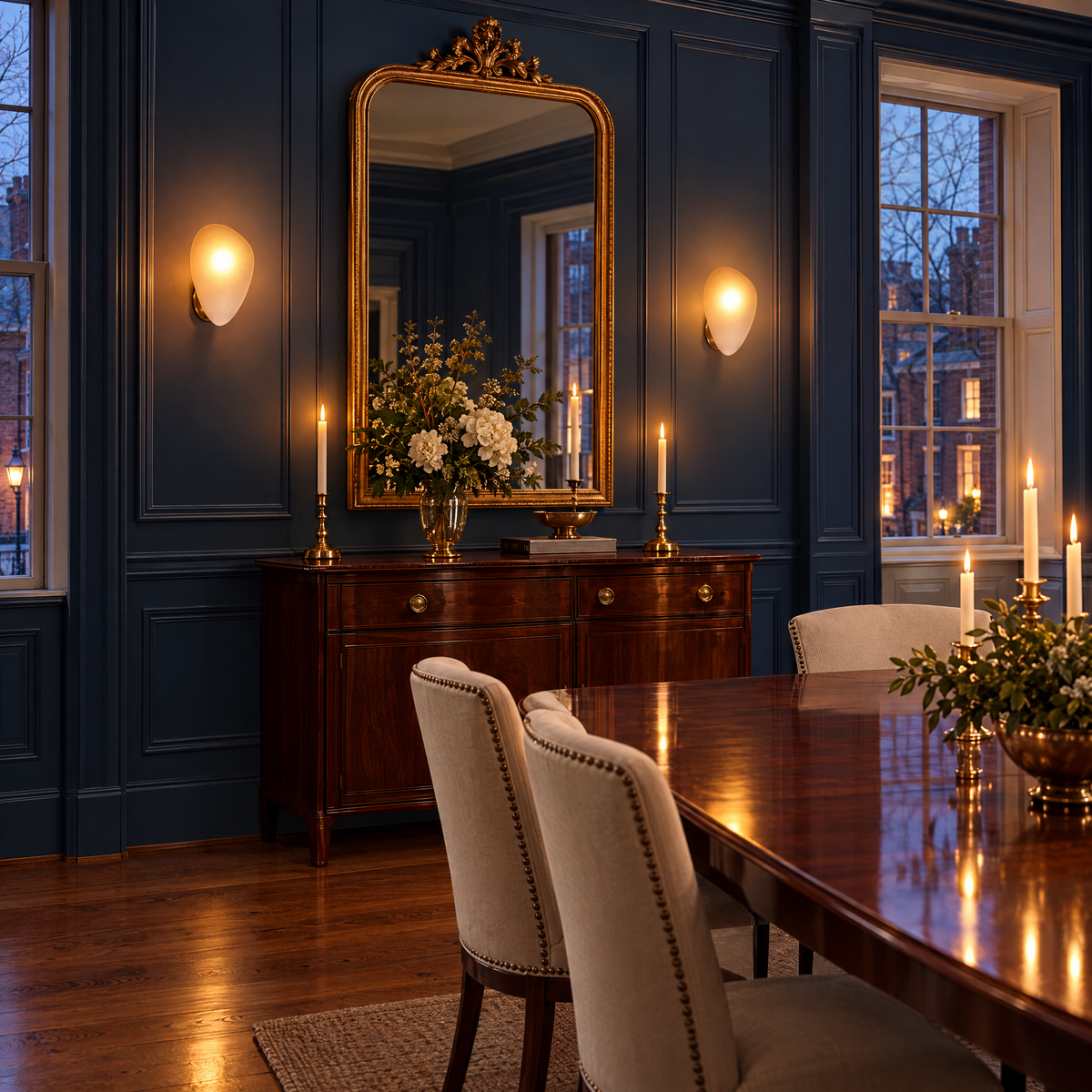 Opaline wall sconce in Amber &amp; Gold, shape ∅7.8" x H11.8" in a Boston Georgian townhouse dining room