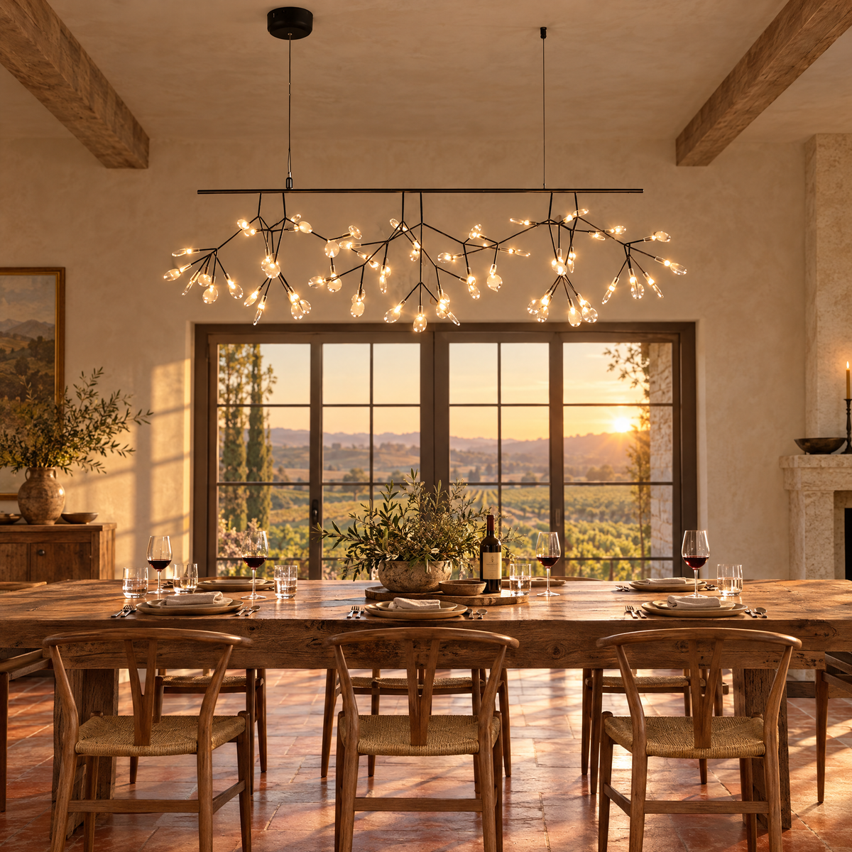 Luciole firefly LED branch chandelier in black, L47.2" linear, in a Napa Valley farmhouse dining room