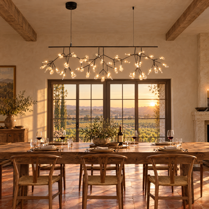 Luciole firefly LED branch chandelier in black, L47.2" linear, in a Napa Valley farmhouse dining room
