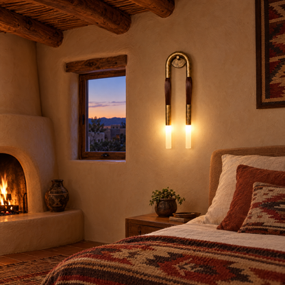 Palomino wall sconce in aged bronze &amp; brown in a Santa Fe pueblo-style home bedroom