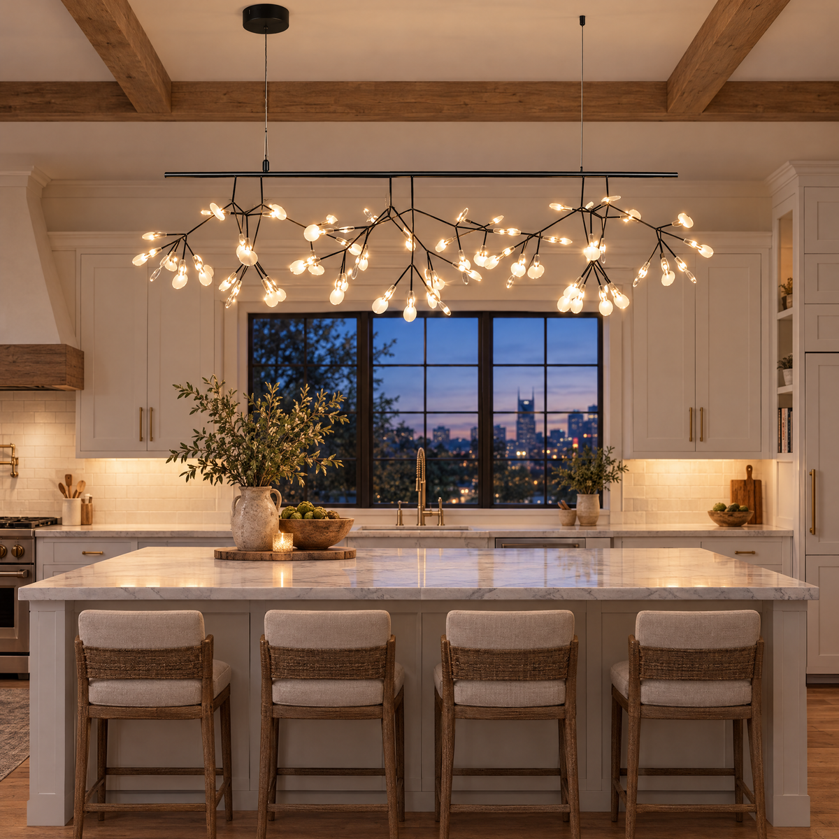Luciole firefly LED branch chandelier in black, L39.3" linear, in a Nashville modern farmhouse kitchen