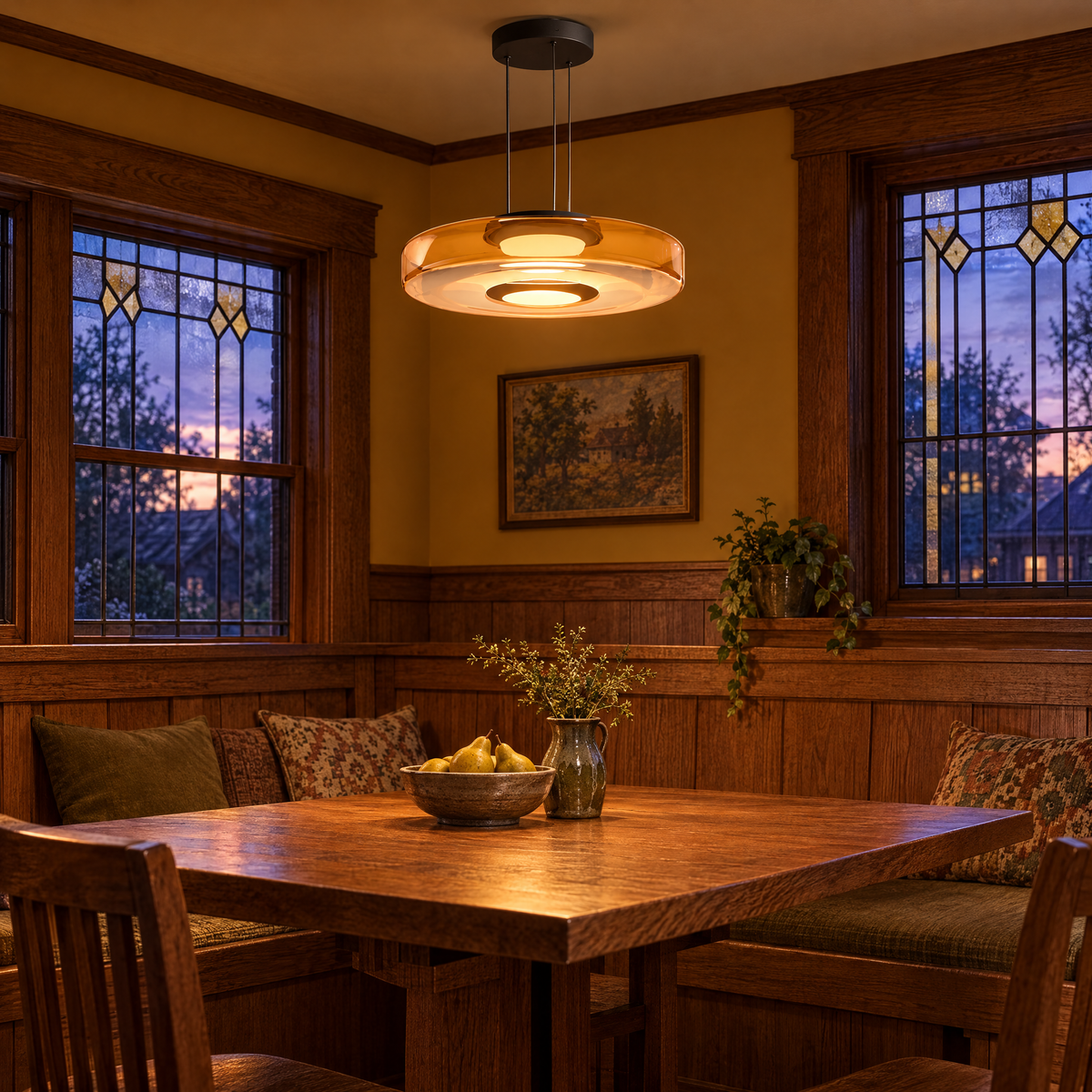 Echelon glass pendant light in amber with 1 glass layer in a Craftsman bungalow dining nook