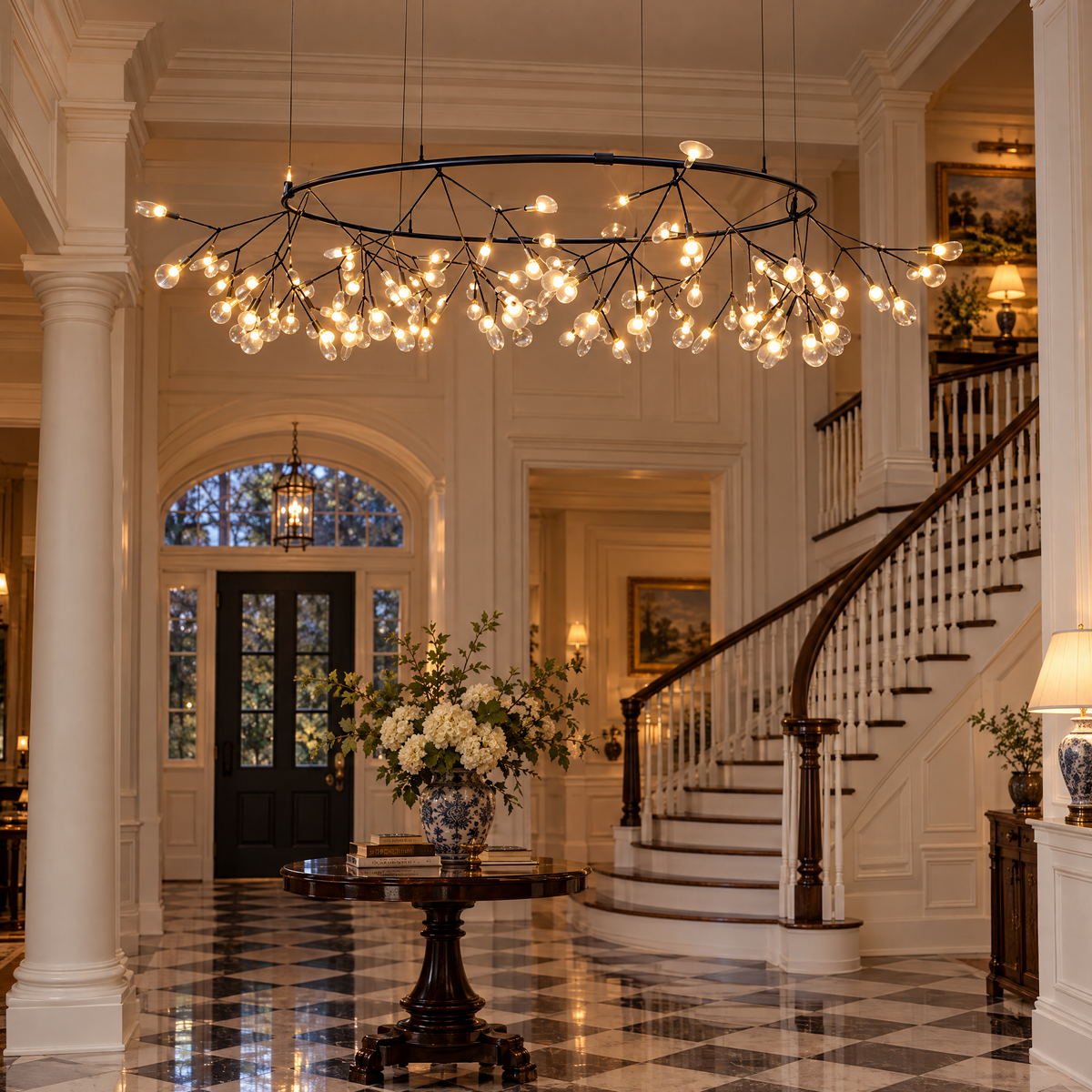 Luciole firefly LED branch chandelier in black, ∅41.3" x H13.8" round, in a Southern plantation-style home foyer