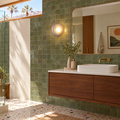 Opaline wall sconce in Smoky Gray &amp; Gold, shape ∅8.6" x H8.6" in a Palm Springs mid-century bathroom