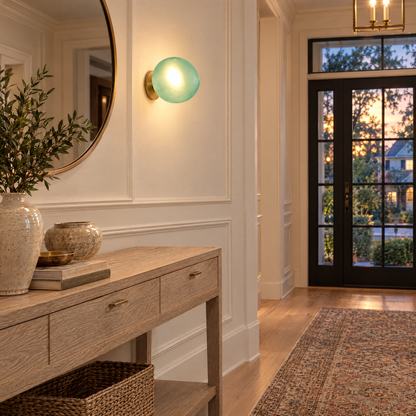Opaline wall sconce in Green &amp; Gold, shape ∅8.6" x H8.6" in an Atlanta transitional home entryway