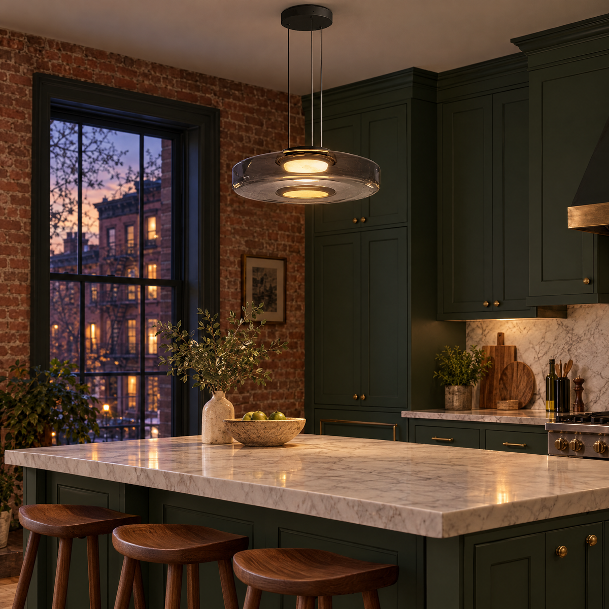 Echelon glass pendant light in smoke grey with 1 glass layer over the island in a Brooklyn brownstone kitchen
