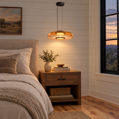 Echelon glass pendant light in amber with 1 glass layer beside the bed in a Nashville modern farmhouse bedroom