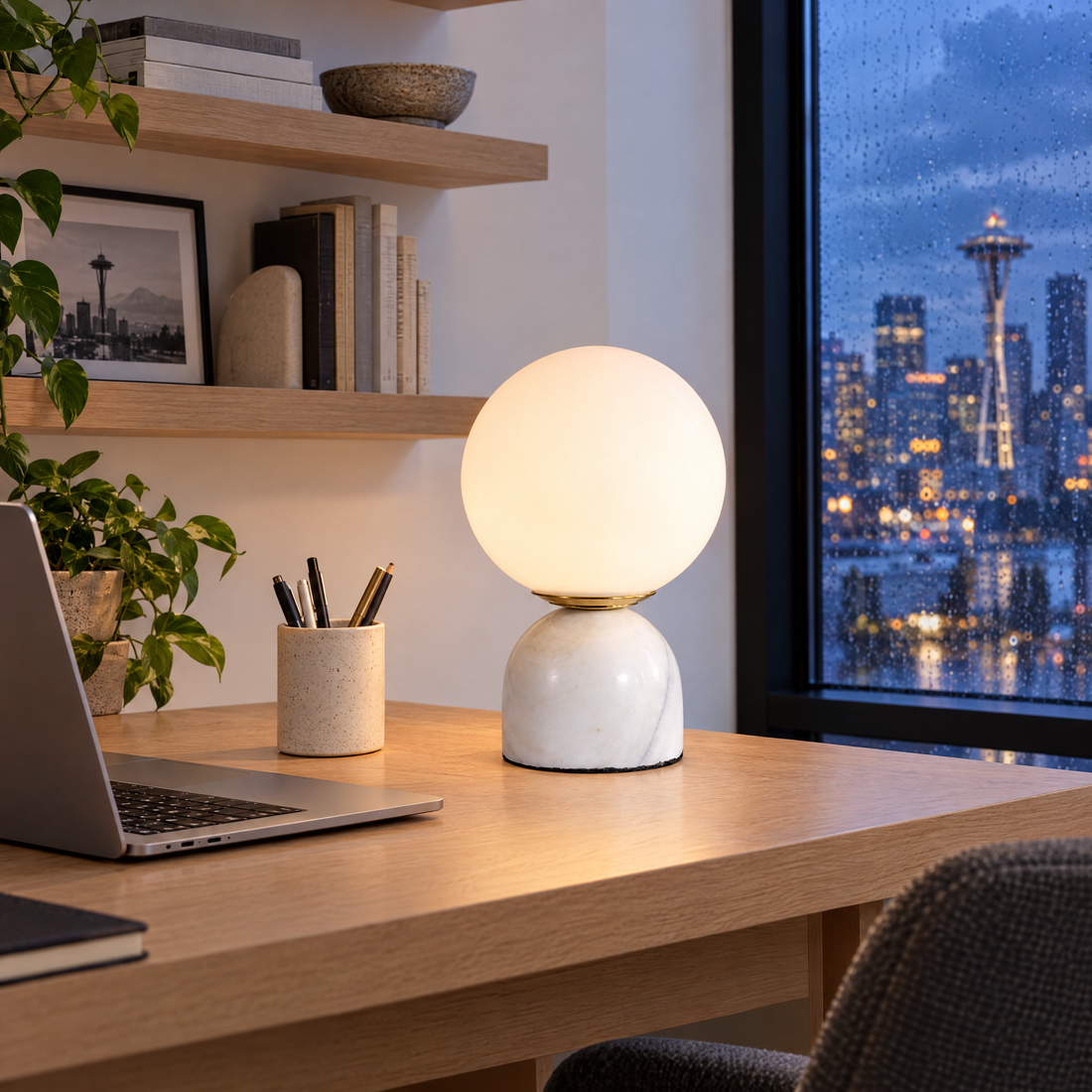 Sylas table lamp in white marble in a Seattle modern townhouse home office