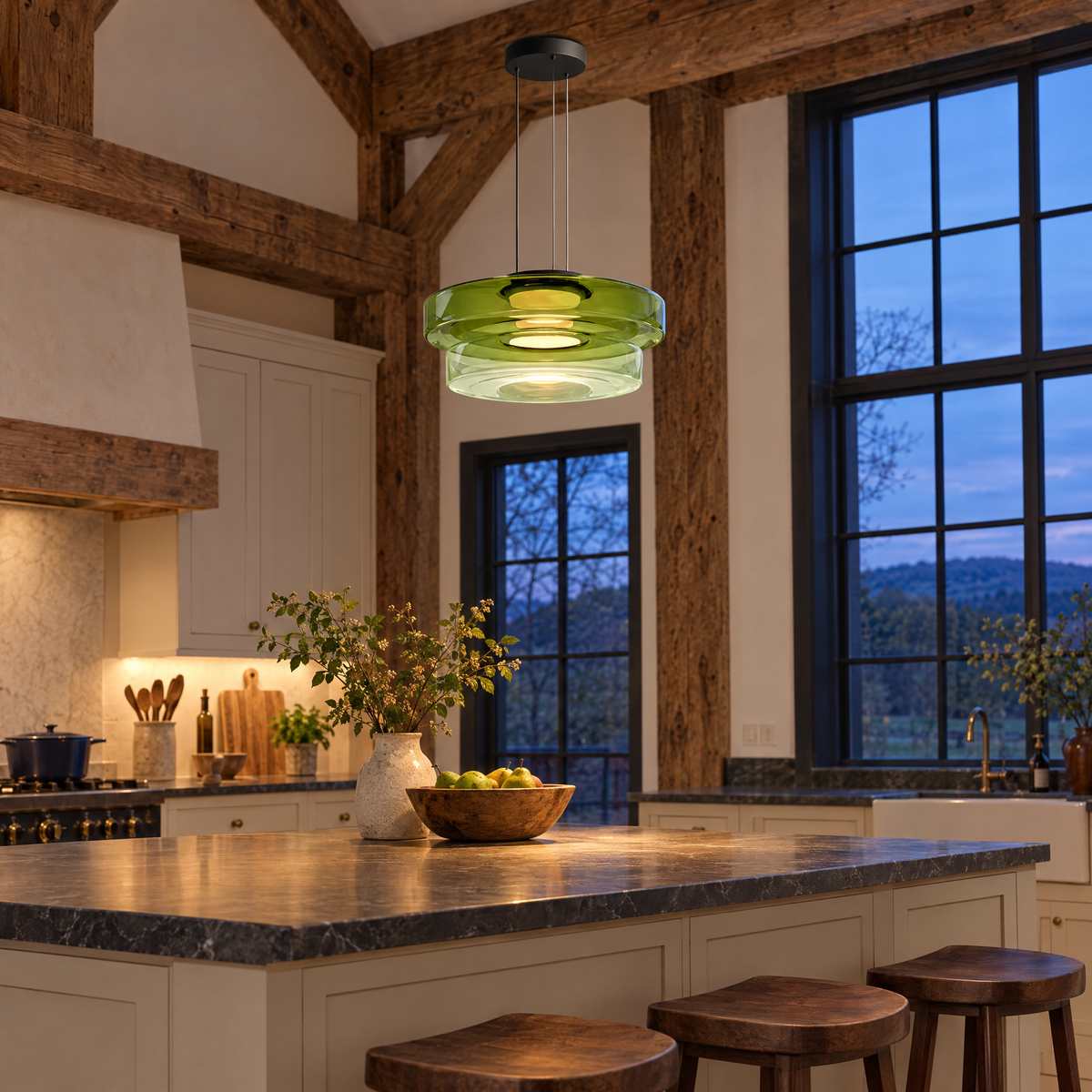 Echelon glass pendant light in green with 2 glass layers in an Upstate New York barn conversion kitchen