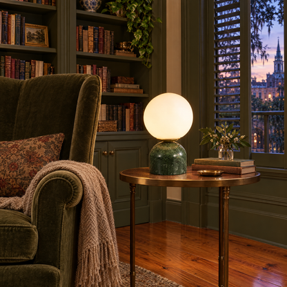 Sylas table lamp in green marble in a Savannah historic home reading nook