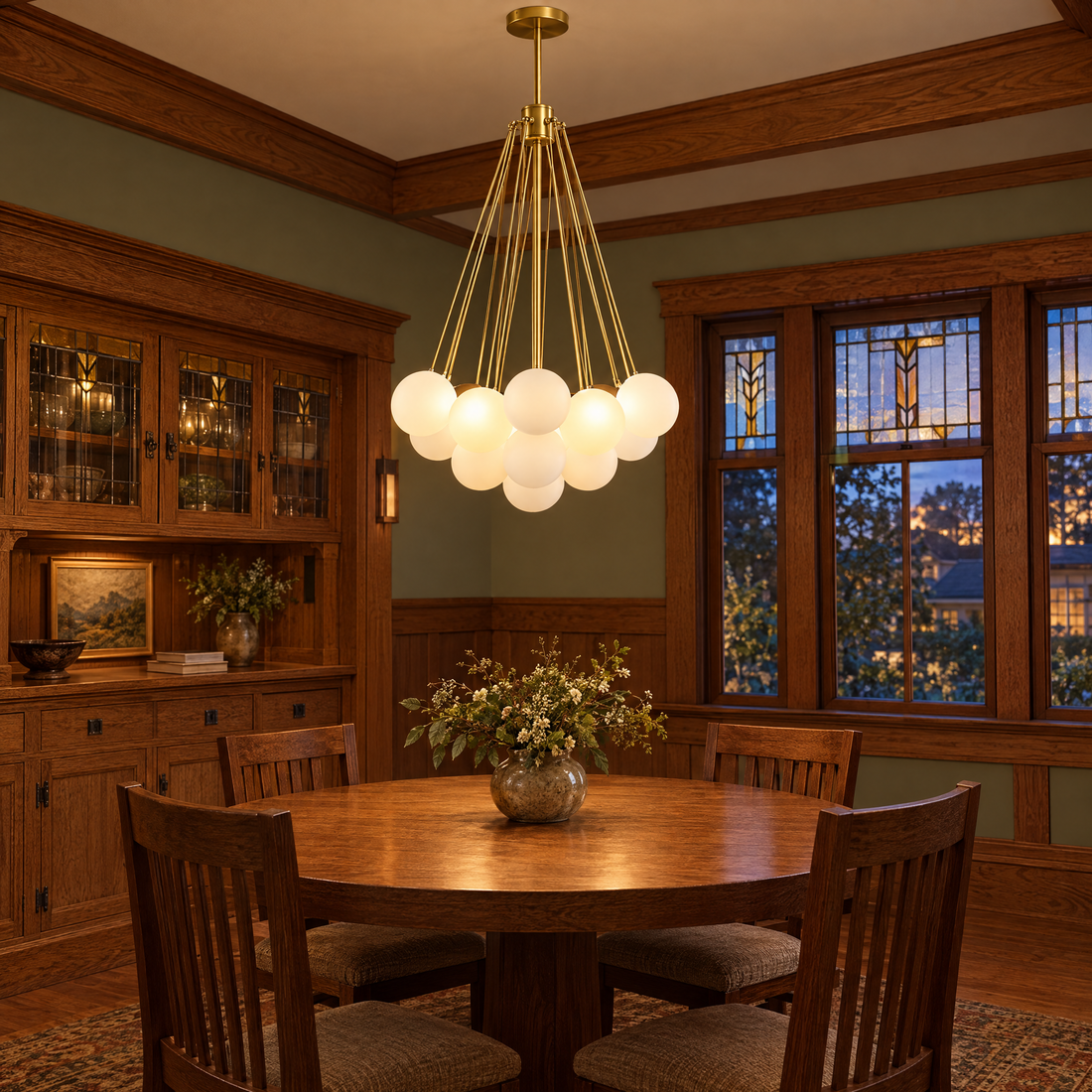 Bulle bubble chandelier in gold &amp; white frosted glass, ∅15.8" x H33.5", in a Craftsman bungalow dining room