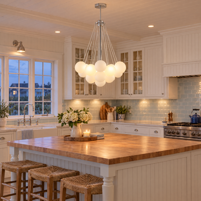 Bulle bubble chandelier in chrome &amp; white frosted glass, ∅15.8" x H33.5", in a Cape Cod cottage kitchen