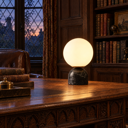 Sylas table lamp in black marble in a Tudor Revival home study