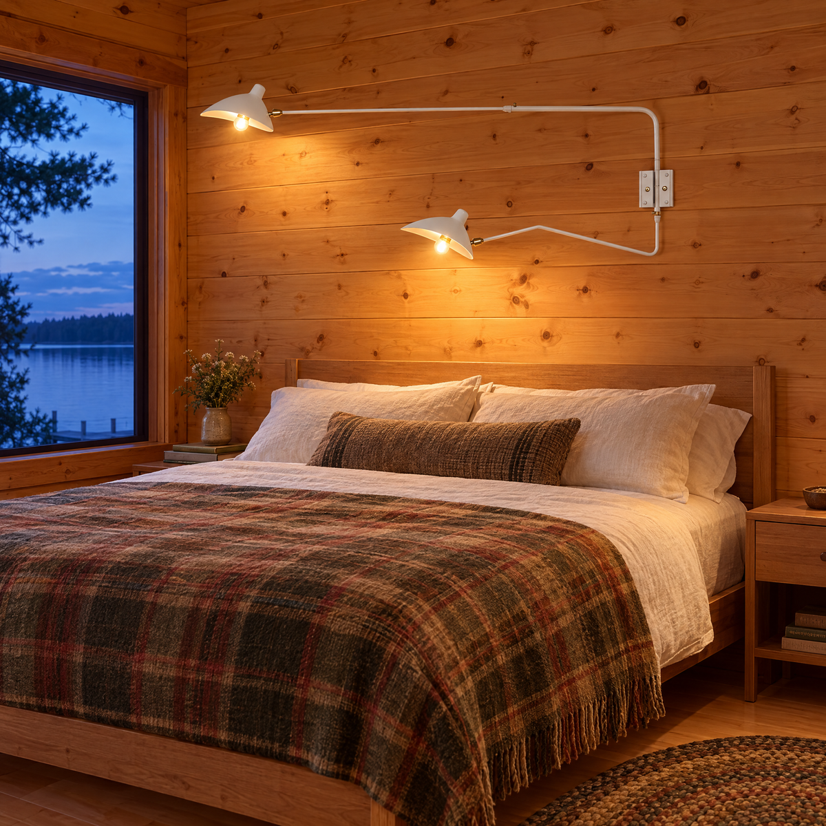 Rivoli swing arm wall sconce in White, two-arm in a Minnesota lake house bedroom