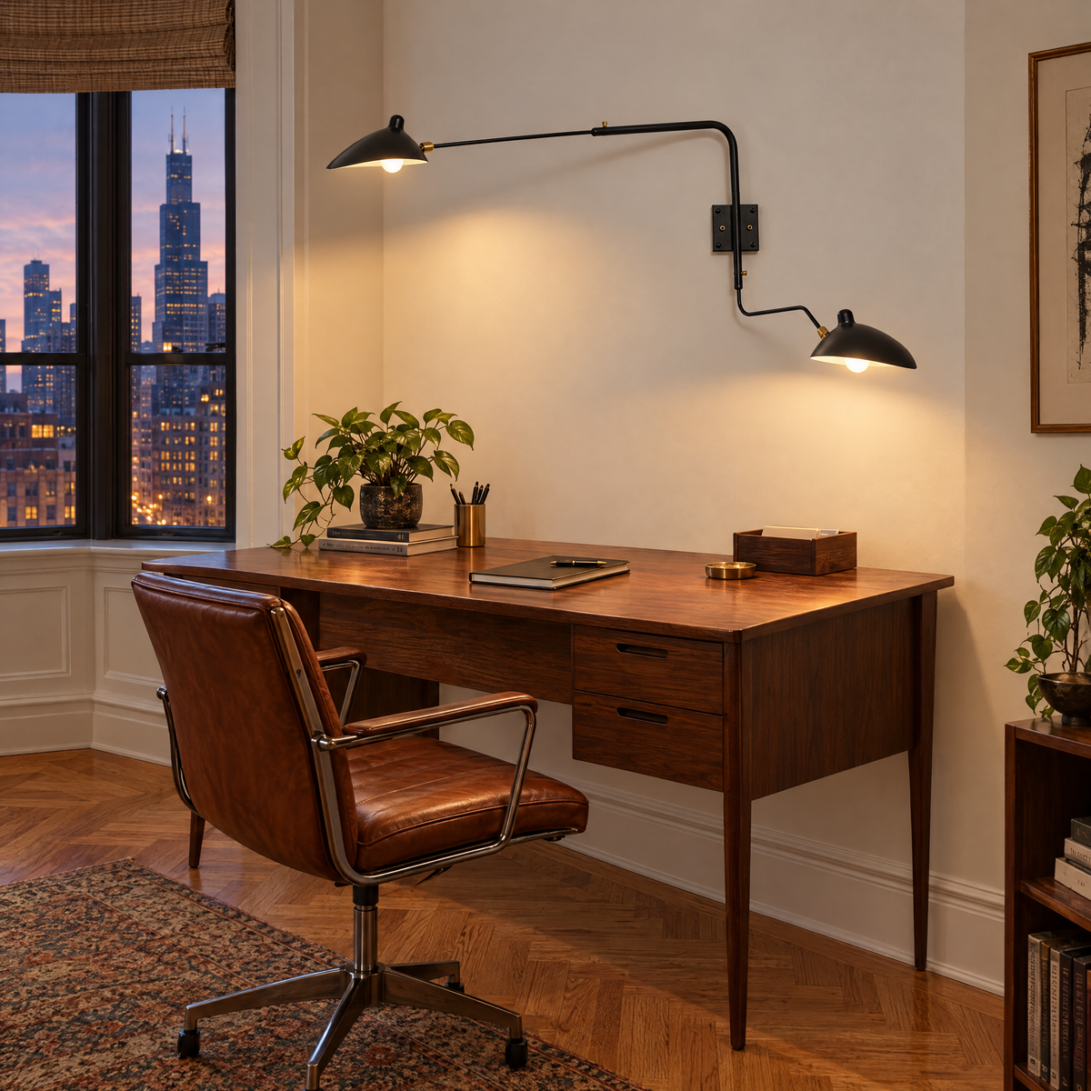 Rivoli swing arm wall sconce in Black, two-arm in a Chicago greystone home office