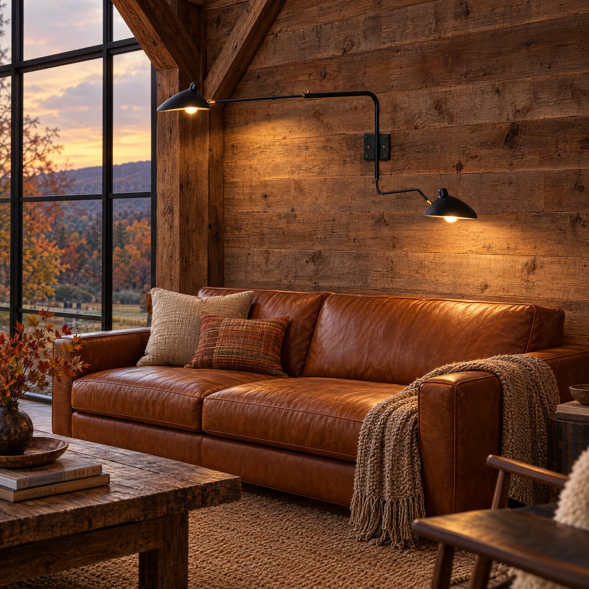Rivoli swing arm wall sconce in Black, two-arm in an Upstate New York barn conversion living room