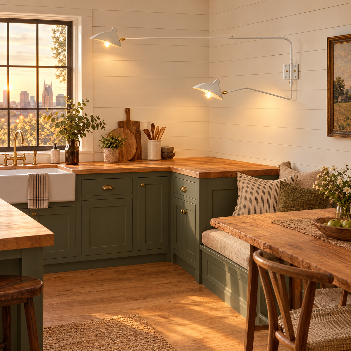 Rivoli swing arm wall sconce in White, two-arm in a Nashville modern farmhouse kitchen