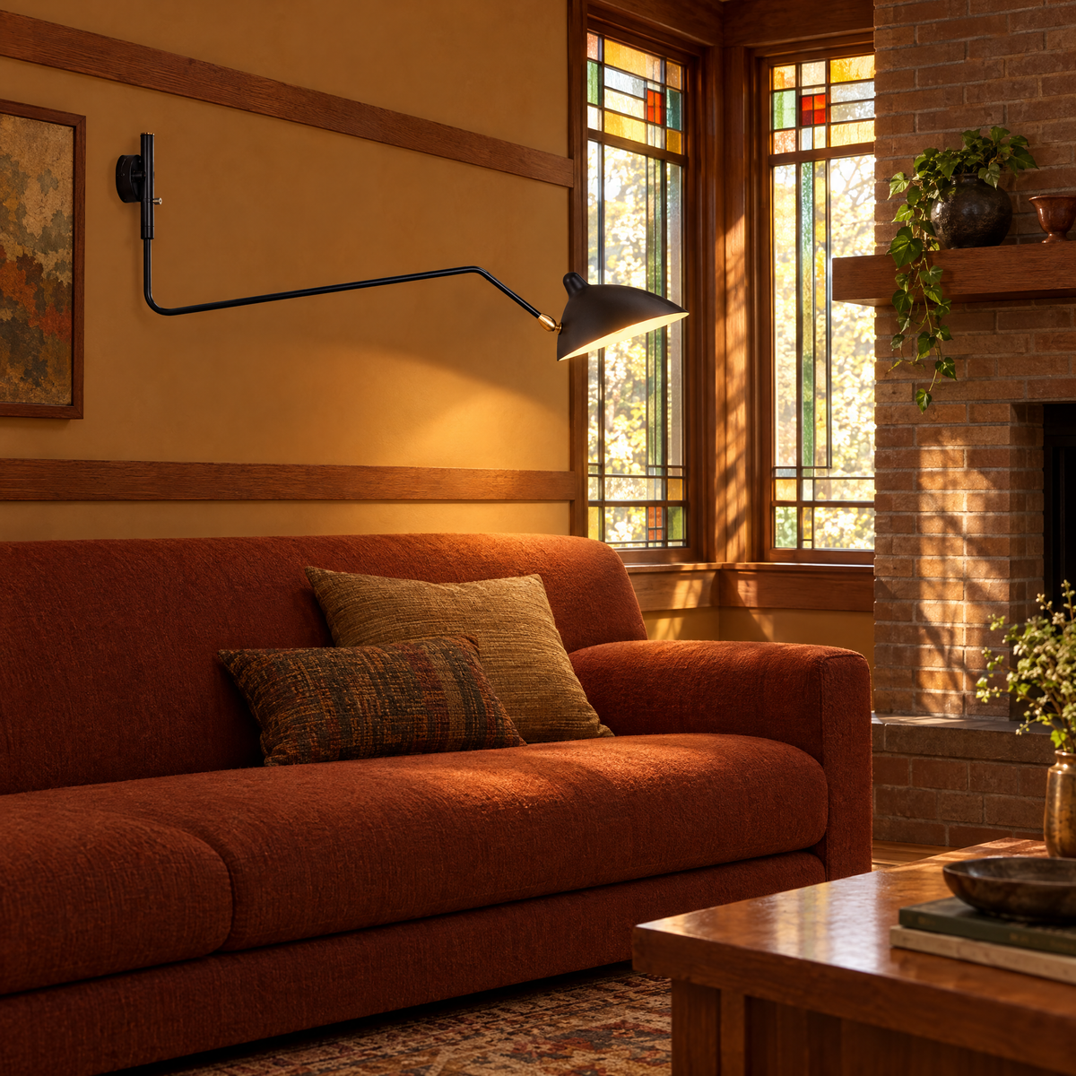 Rivoli swing arm wall sconce in Black, single arm in a Prairie-style home living room