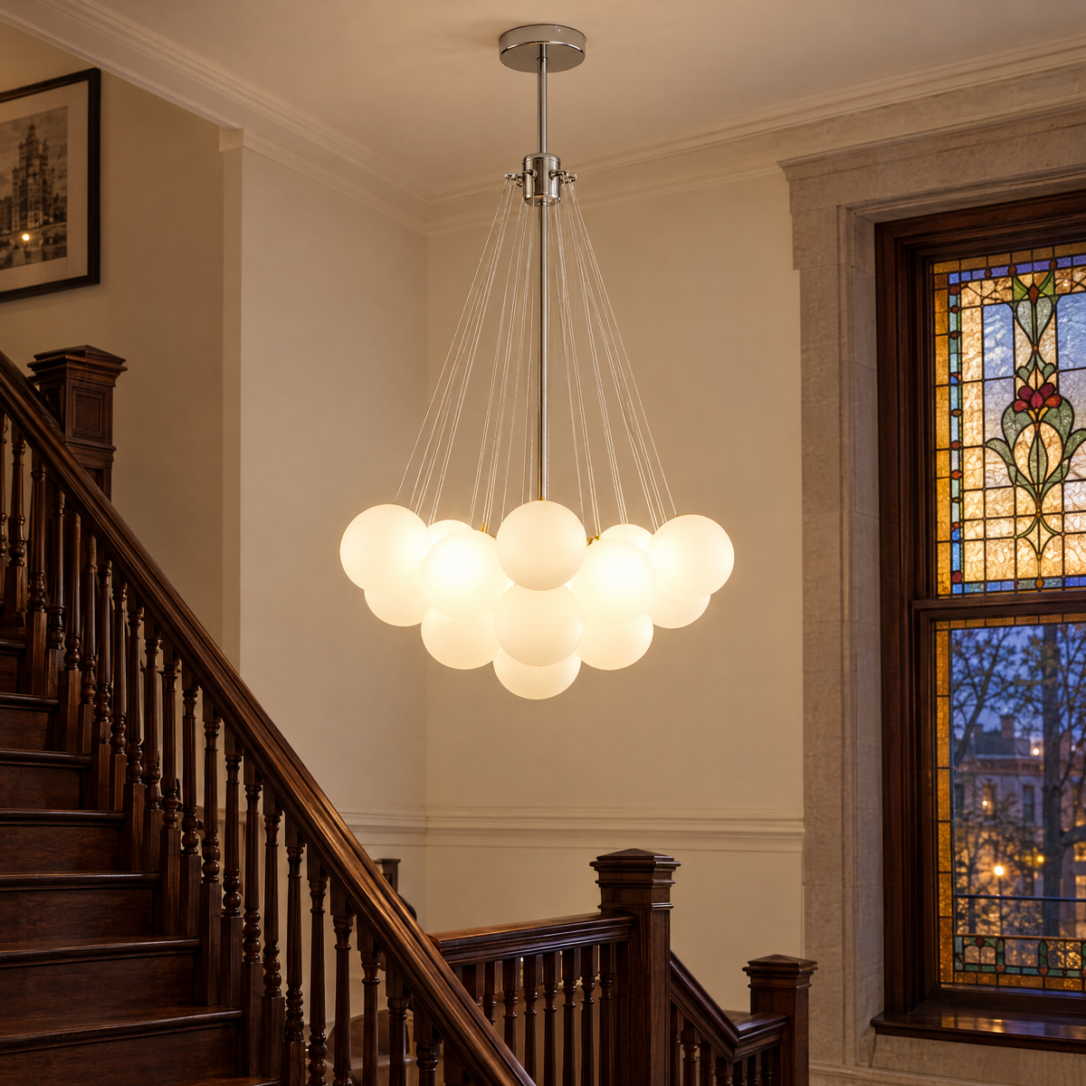 Bulle bubble chandelier in chrome &amp; white frosted glass, ∅23.6" x H29.5", in a Chicago greystone stairwell