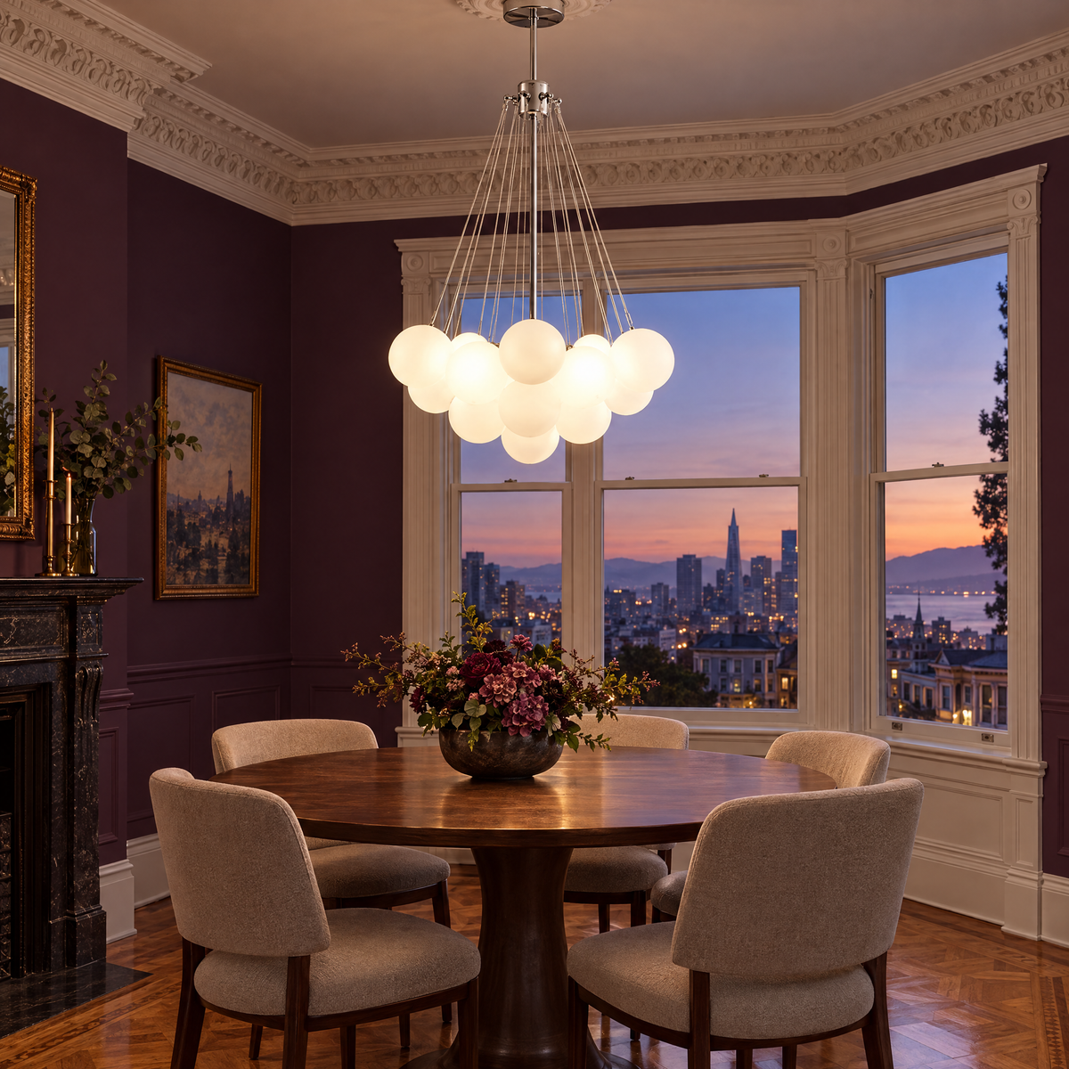 Bulle bubble chandelier in chrome &amp; white frosted glass, ∅23.6" x H29.5", in a Victorian San Francisco row house dining room