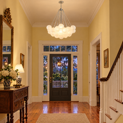 Bulle bubble chandelier in chrome &amp; white frosted glass, ∅29.5" x H29.5", in a Charleston single house entry hall
