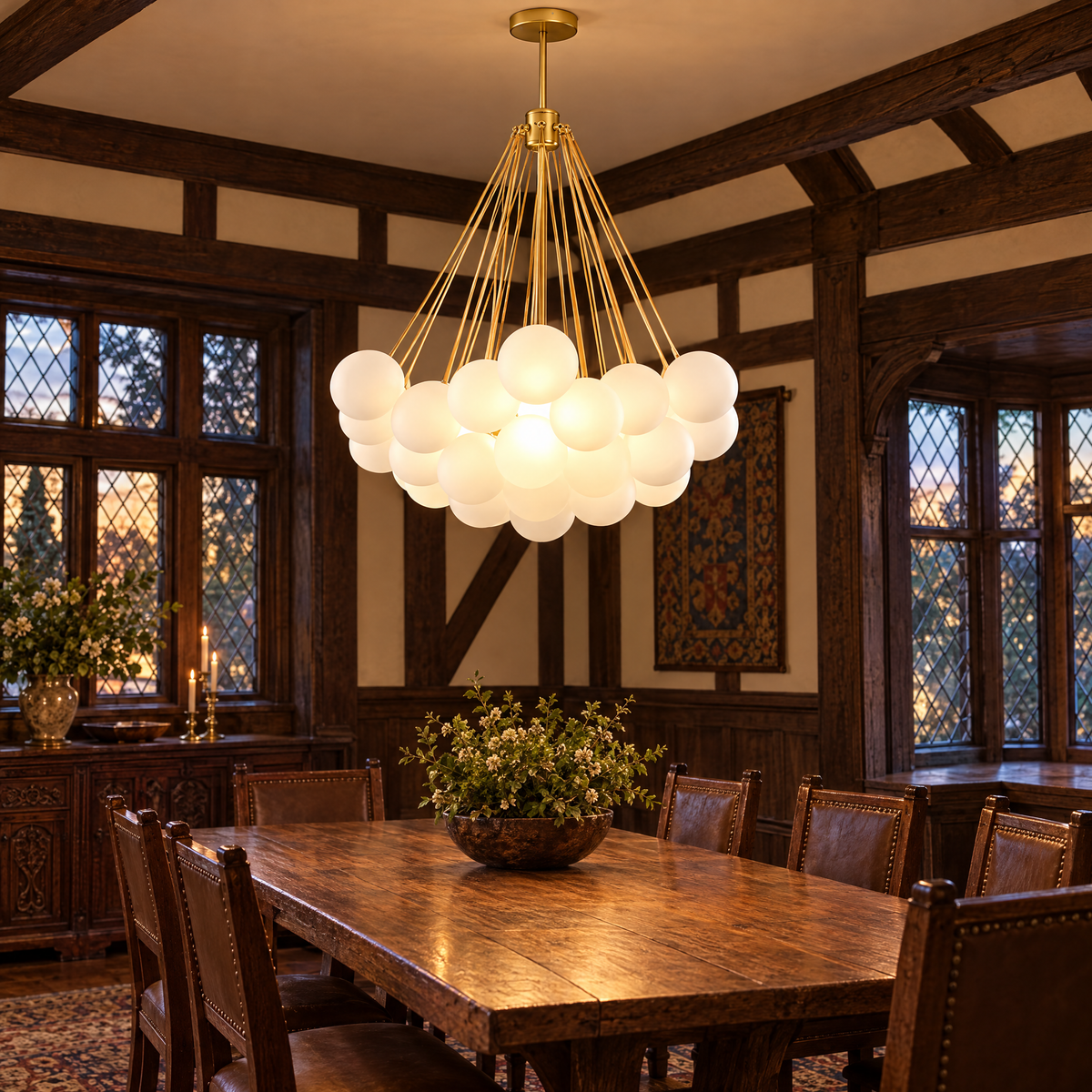 Bulle bubble chandelier in gold &amp; white frosted glass, ∅31.5" x H39.4", in a Tudor Revival dining room