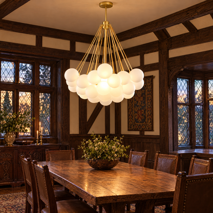 Bulle bubble chandelier in gold &amp; white frosted glass, ∅31.5" x H39.4", in a Tudor Revival dining room