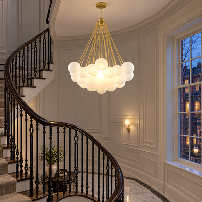 Bulle bubble chandelier in gold &amp; white frosted glass, ∅31.5" x H39.4", in a Boston Georgian townhouse stairwell
