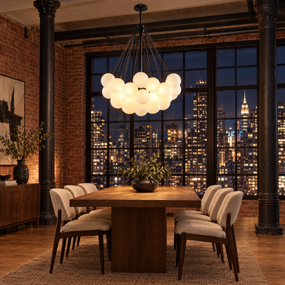 Bulle bubble chandelier in black &amp; white frosted glass, ∅29.5" x H29.5", in a Manhattan loft dining area