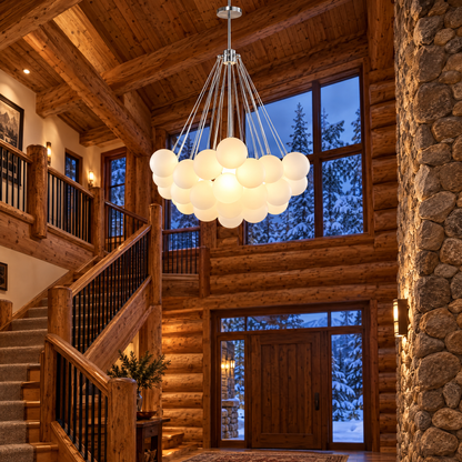 Bulle bubble chandelier in chrome &amp; white frosted glass, ∅29.5" x H29.5", in a Colorado mountain lodge foyer