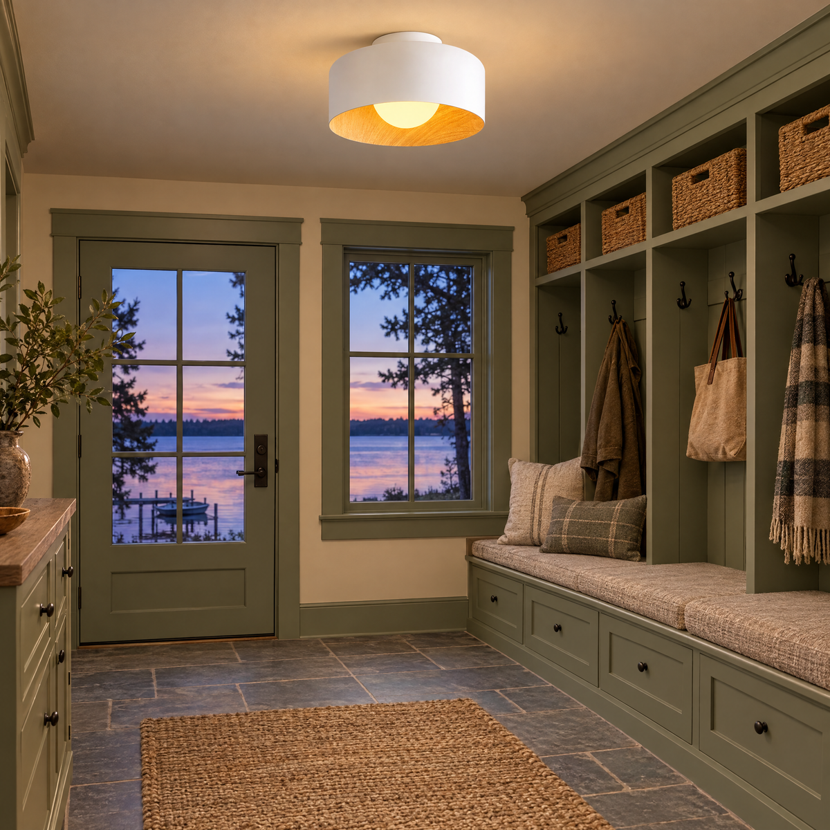Lumosphere ceiling light in white &amp; wood grain in a Minnesota lake house mudroom entry