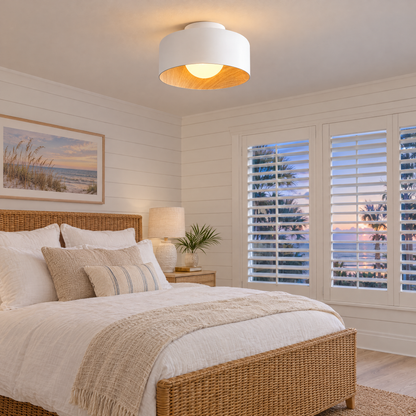 Lumosphere ceiling light in white &amp; wood grain in a Florida coastal home bedroom
