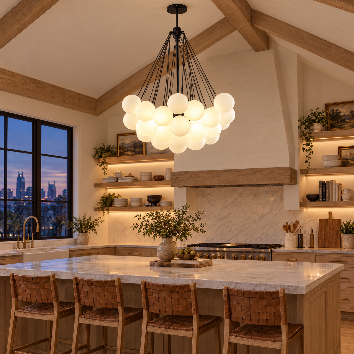 Bulle bubble chandelier in black &amp; white frosted glass, ∅31.5" x H39.4", in a Nashville modern farmhouse kitchen