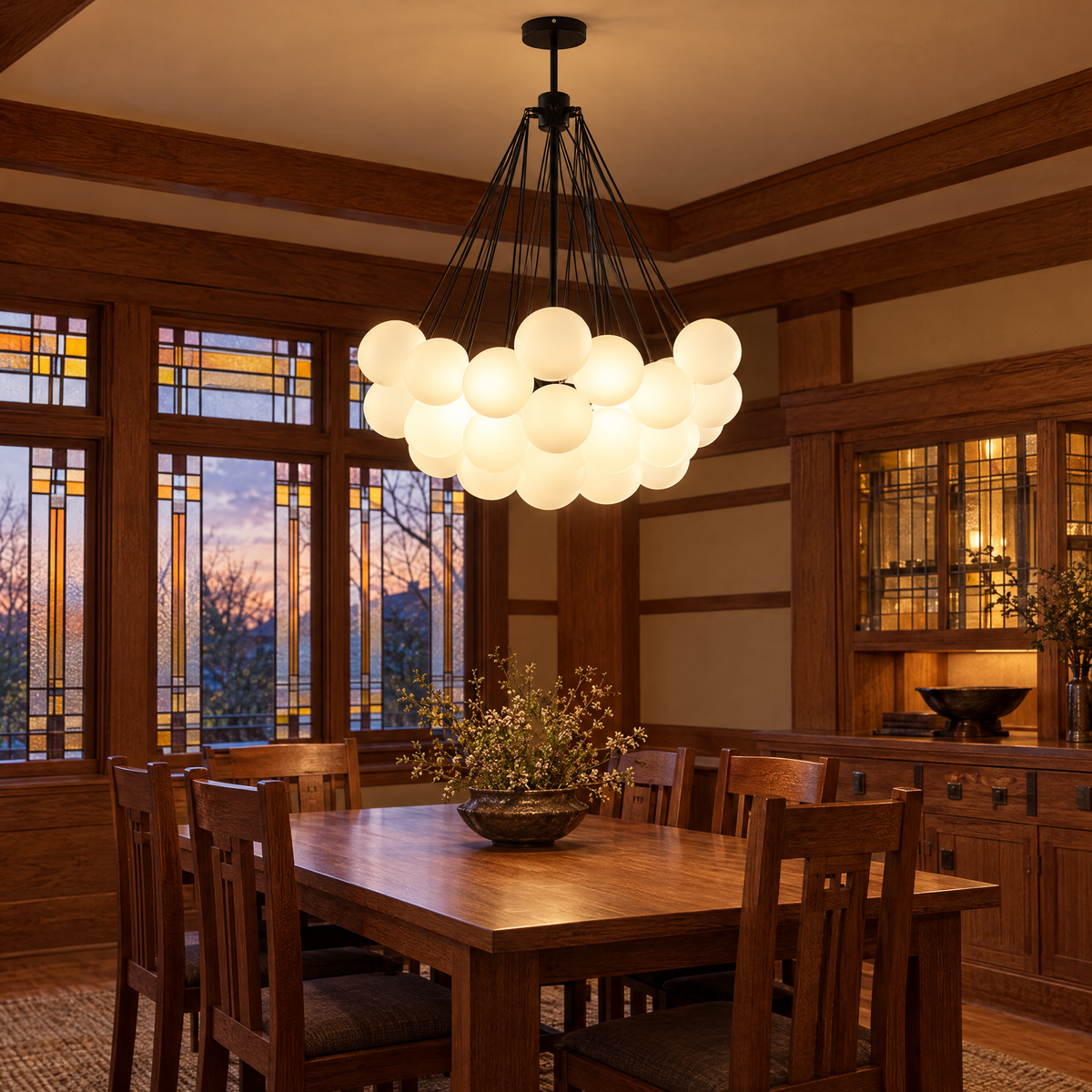 Bulle bubble chandelier in black &amp; white frosted glass, ∅31.5" x H39.4", in a Prairie-style home dining room