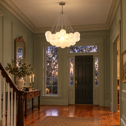 Bulle bubble chandelier in chrome &amp; white frosted glass, ∅31.5" x H39.4", in a Savannah historic home foyer