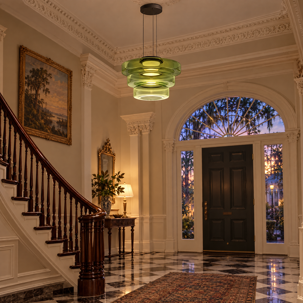 Echelon glass pendant light in green with 3 glass layers in a Savannah historic home foyer