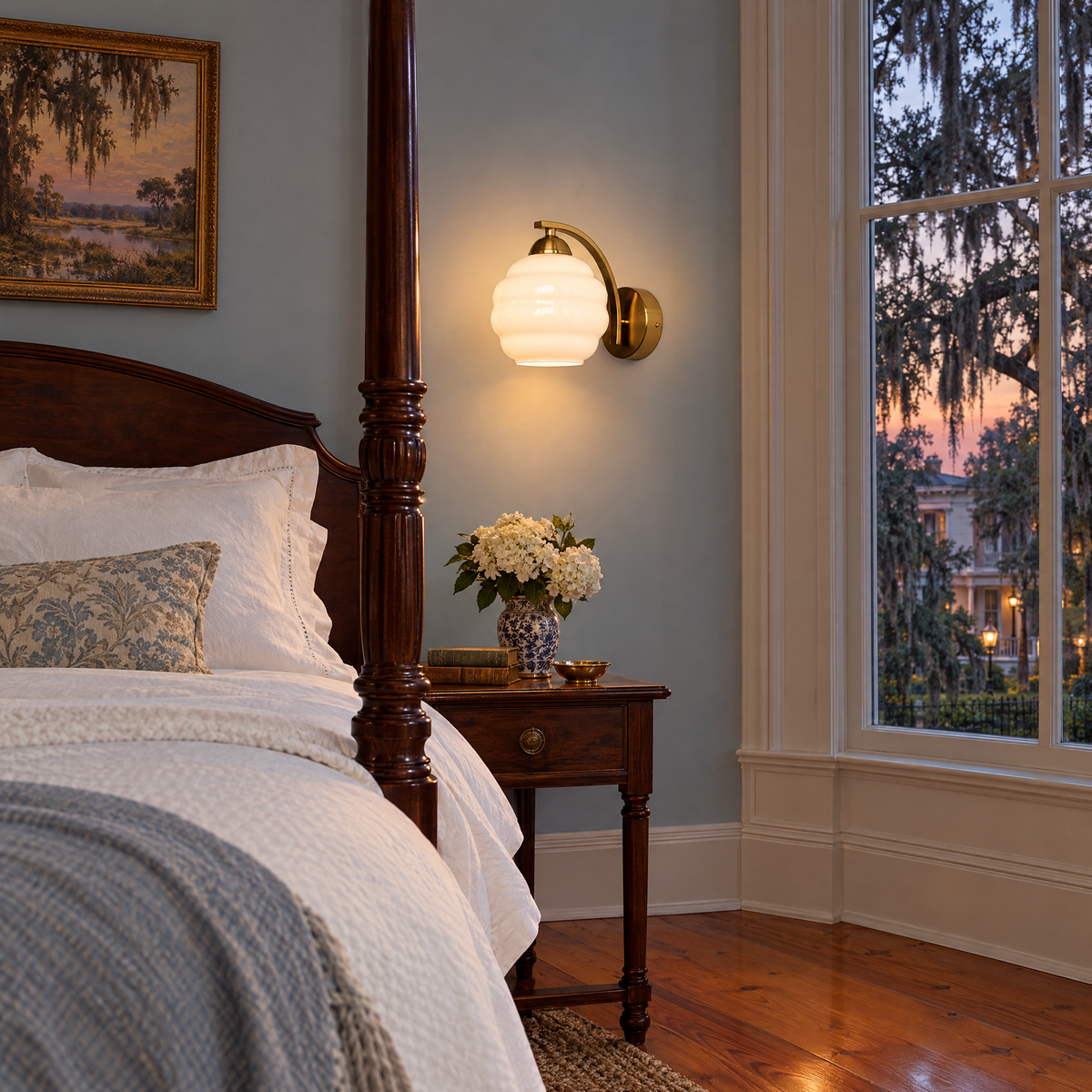 Deauville Art Deco wall sconce in Gold &amp; White Glass in a Savannah historic home bedroom