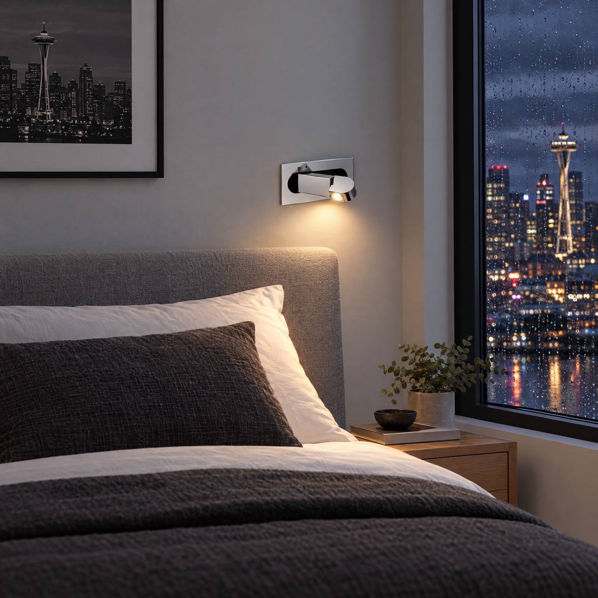 Lectra bedside reading wall light in chrome in a Seattle modern townhouse bedroom
