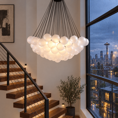 Bulle bubble chandelier in black &amp; white frosted glass, ∅39.4" x H59", in a Seattle modern townhouse stairwell