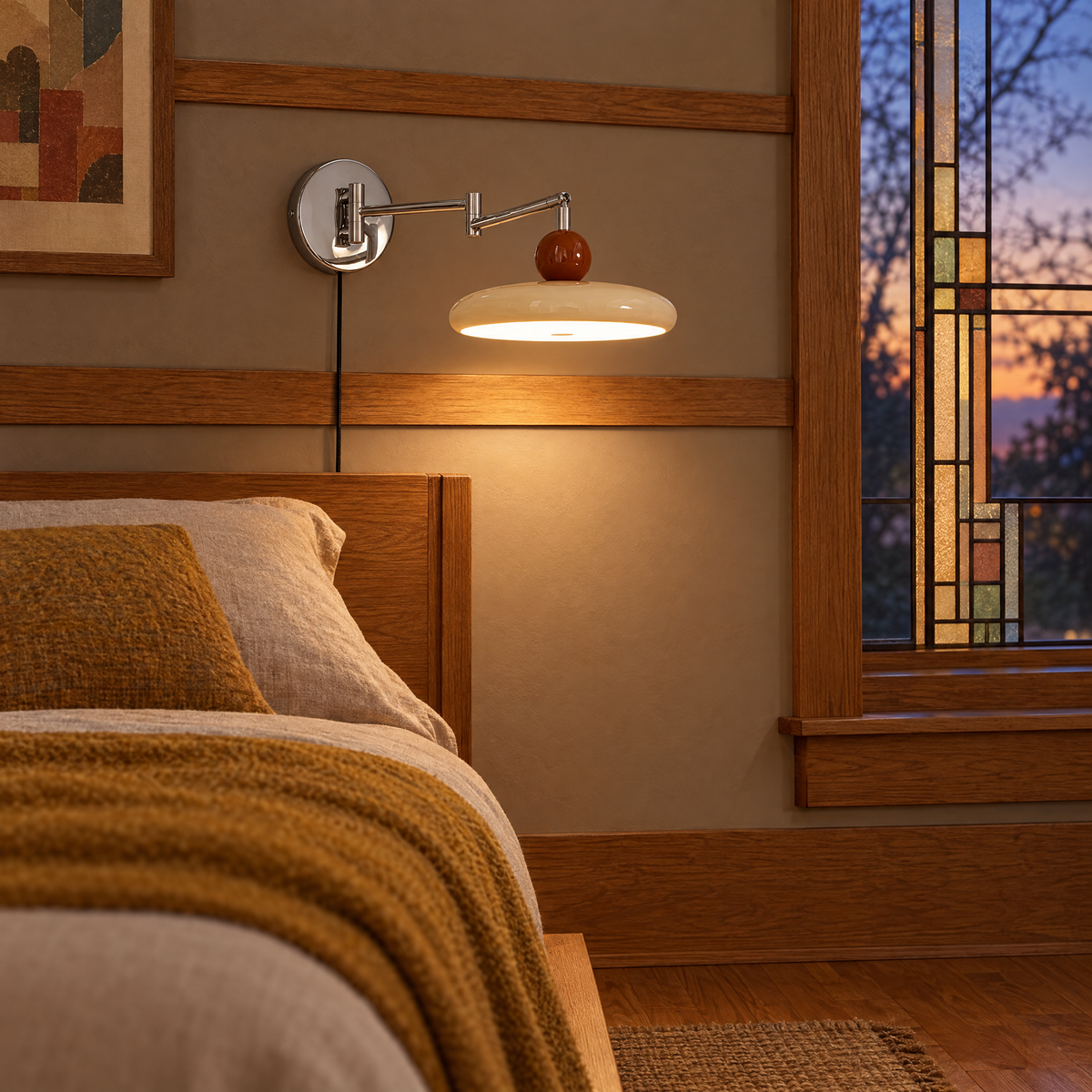 Lola plug-in wall light in beige in a Prairie-style home bedroom