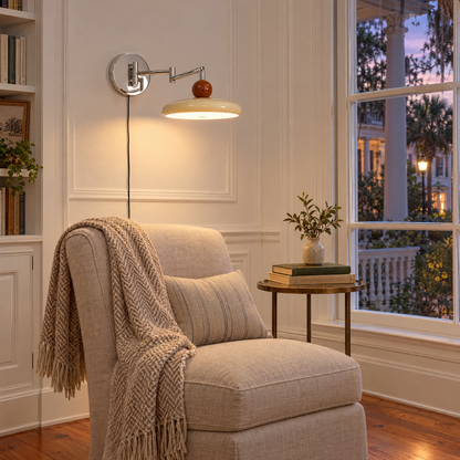 Lola plug-in wall light in beige in a Charleston single house reading nook