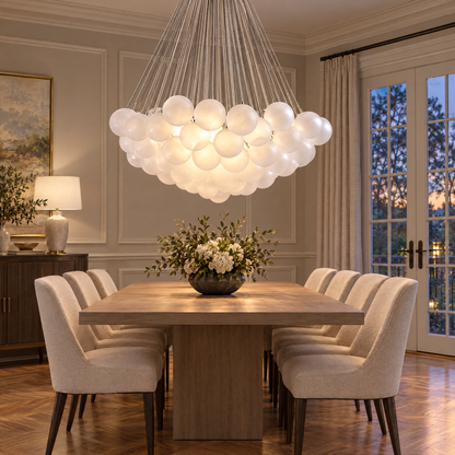 Bulle bubble chandelier in chrome &amp; white frosted glass, ∅39.4" x H59", in an Atlanta transitional home dining room