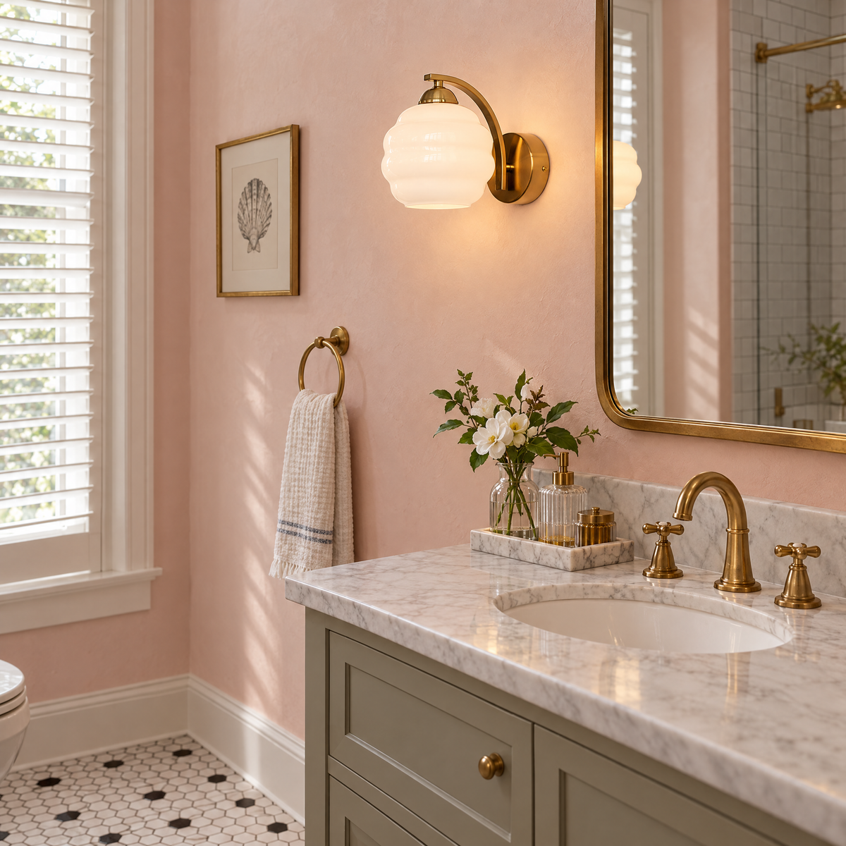 Deauville Art Deco wall sconce in Gold &amp; White Glass in a Charleston single house bathroom
