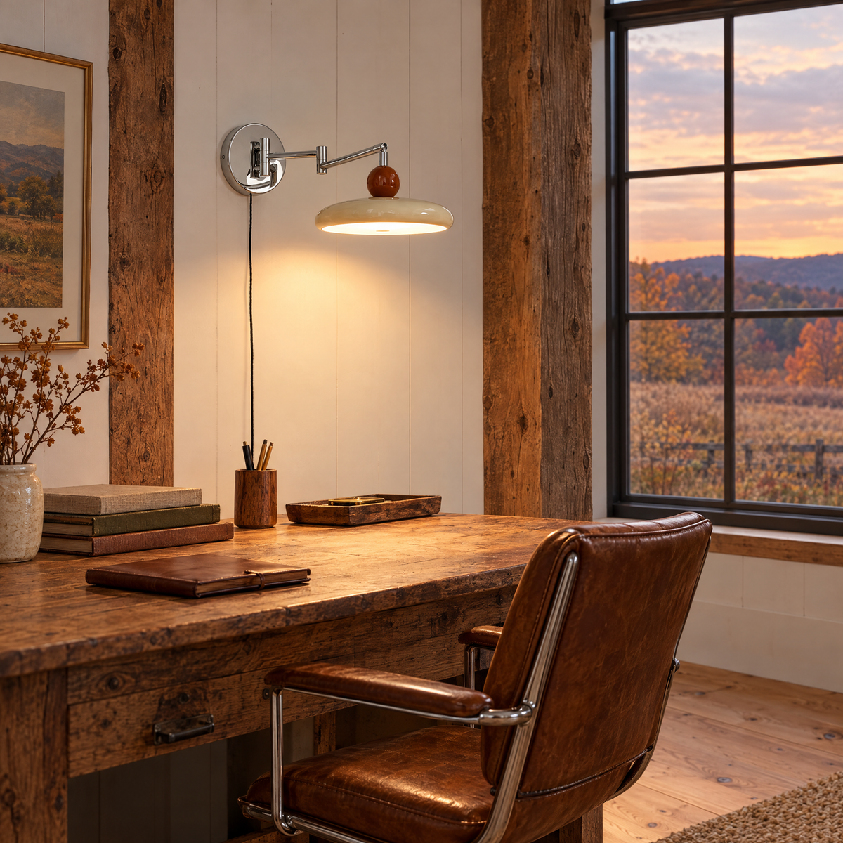 Lola plug-in wall light in beige in an Upstate New York barn conversion home office