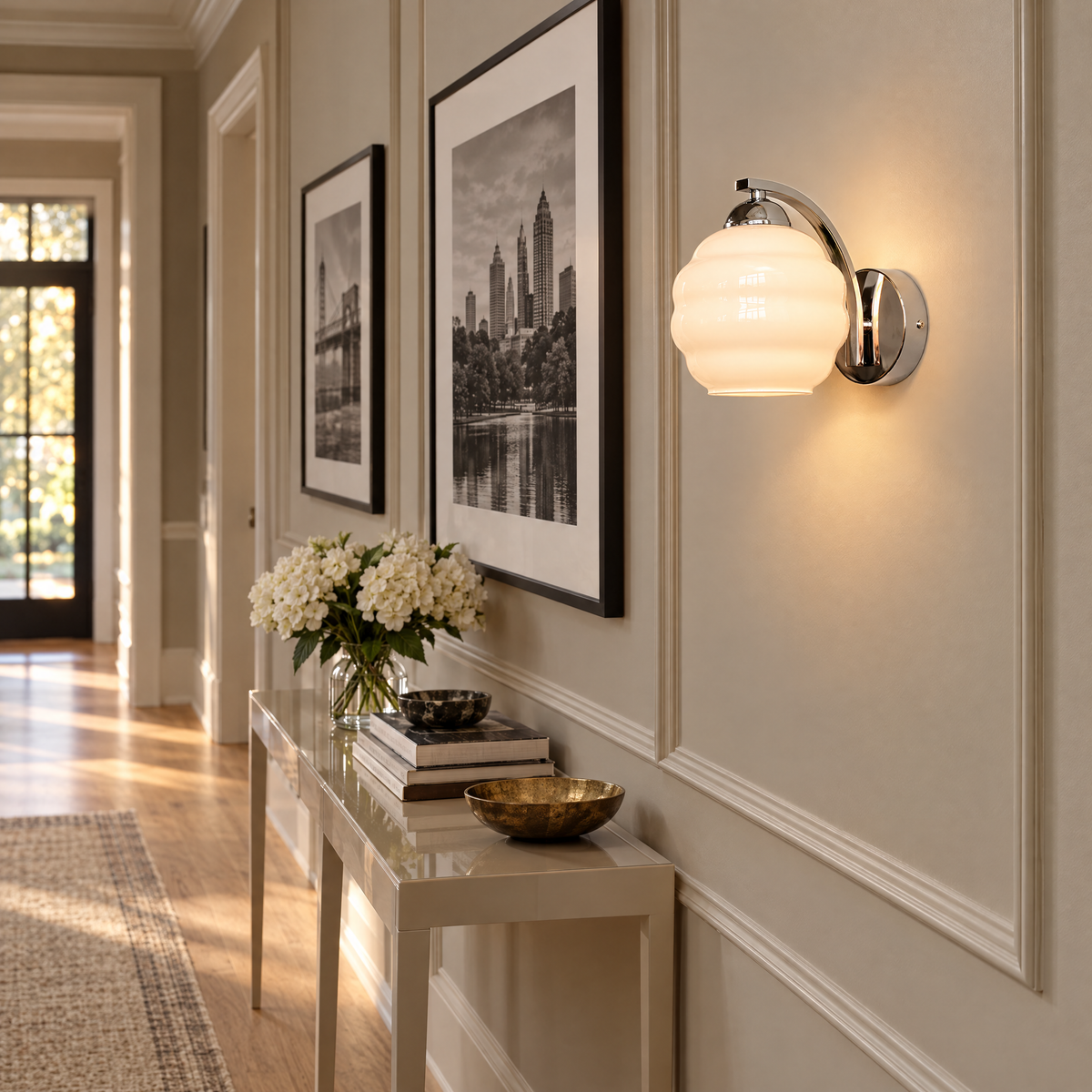 Deauville Art Deco wall sconce in Chrome &amp; White Glass in an Atlanta transitional home hallway