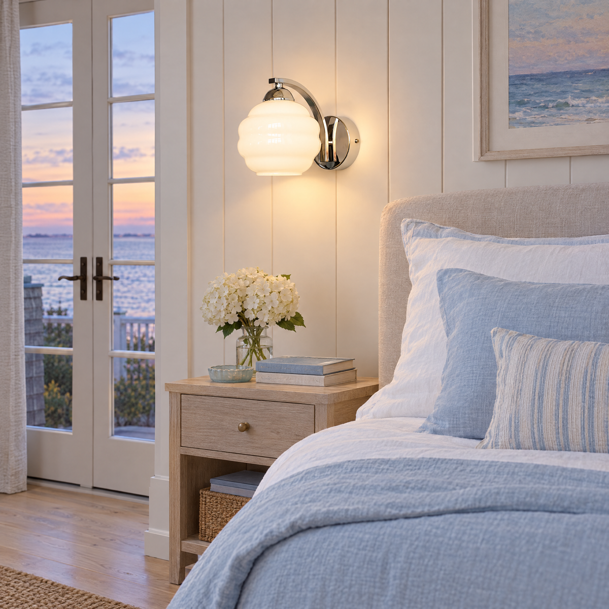 Deauville Art Deco wall sconce in Chrome &amp; White Glass in a Hamptons shingle-style beach house bedroom