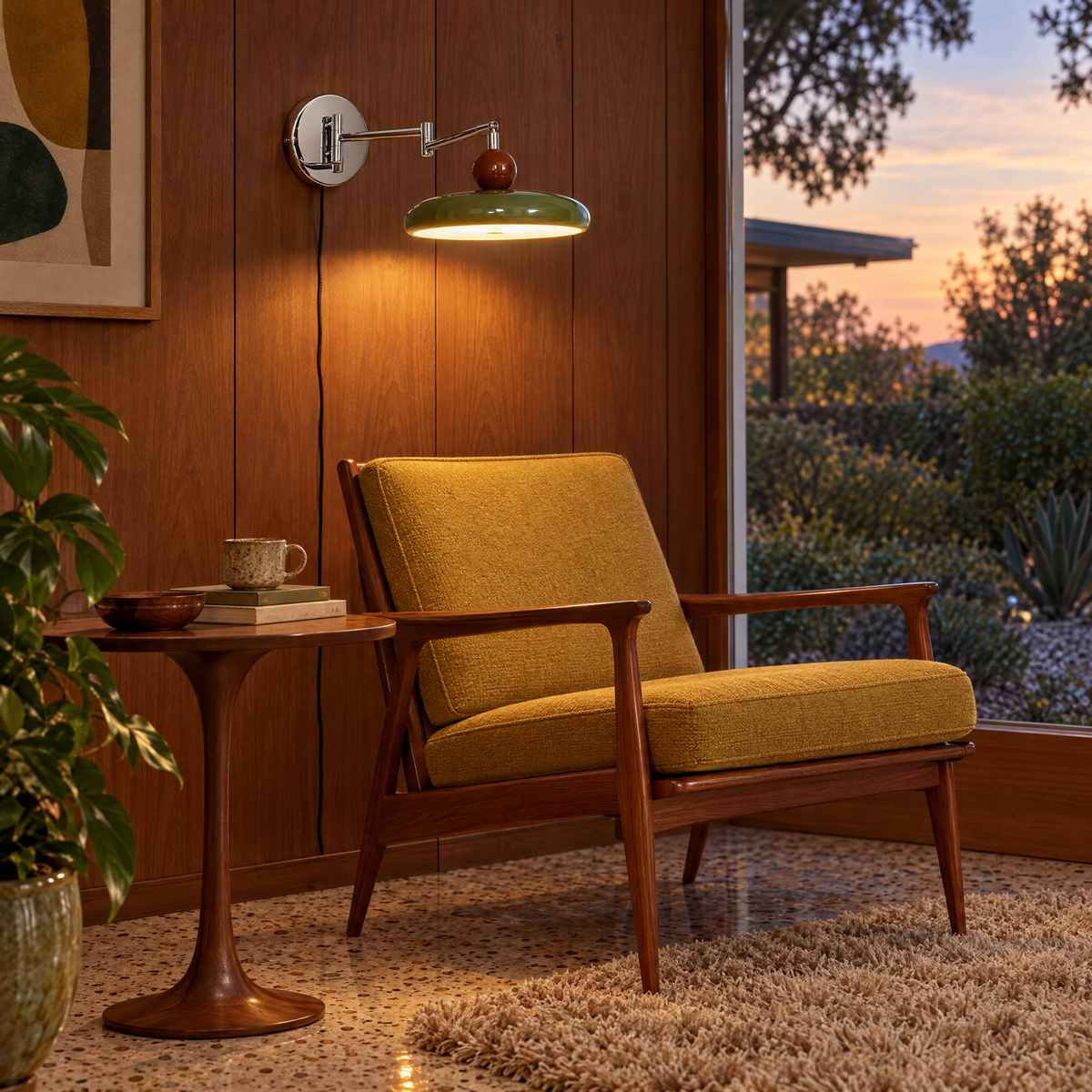 Lola plug-in wall light in green in a mid-century ranch living room reading corner
