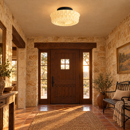 Hartwell flush mount ceiling light in Black &amp; Beige in a Texas Hill Country stone house foyer