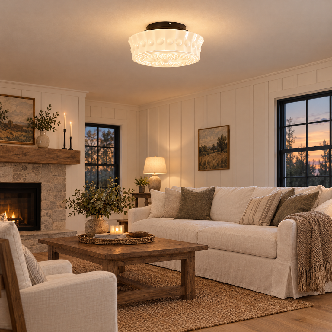 Hartwell flush mount ceiling light in Black &amp; White in a modern farmhouse living room