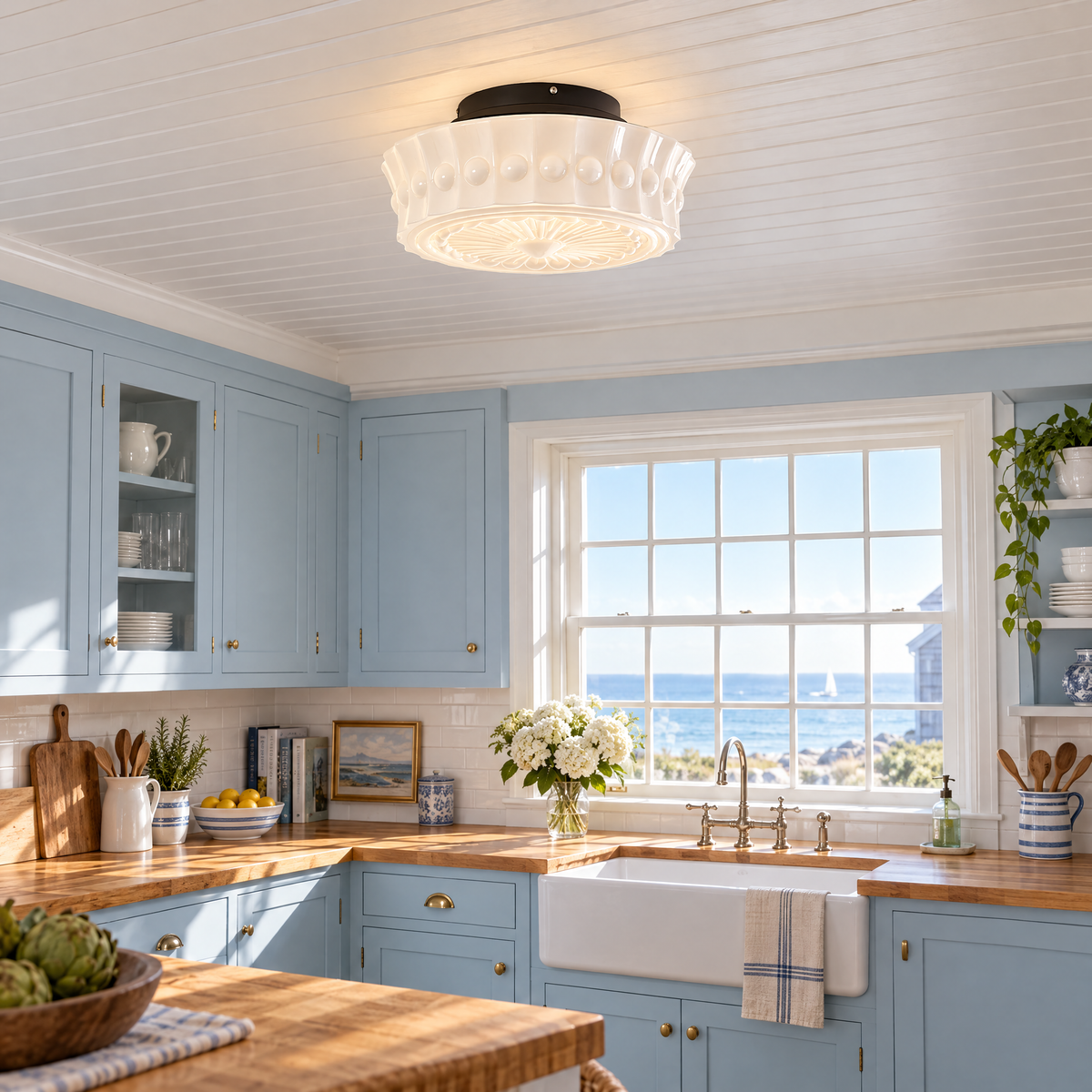 Hartwell flush mount ceiling light in Black &amp; White in a Cape Cod cottage kitchen